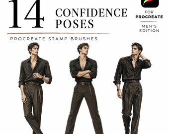 Confidence 14 Poses Procreate Stamp Brushes, Mens Fashion Croquis, Fashion Pose Stamps, Menswear Figure Template, Procreate Fashion Design
