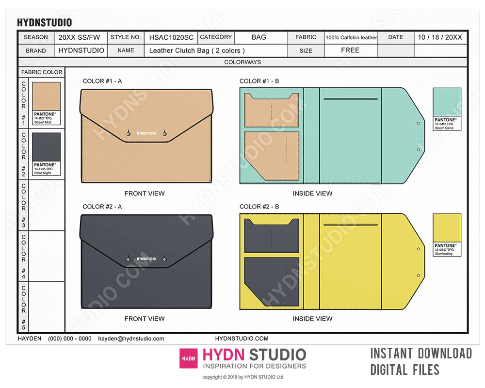 Clutch Bag Tech Pack / TechPack template / Technical Drawings / Fashion CAD / Flat sketch