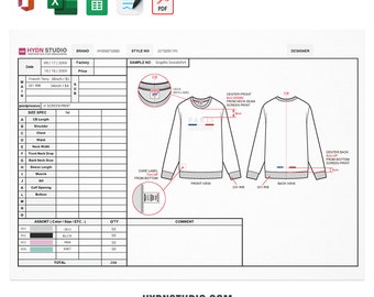 Fashion Tech Pack Template No.04, Excel Tech Pack Template, Garment Specification Sheet, Fashion CAD Resource, Apparel Development Tool
