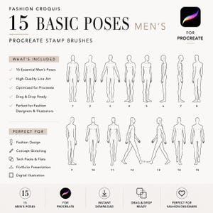 May include: A digital set of 15 basic fashion croquis poses for Procreate, featuring black line art illustrations of human figures in various stances. The text includes 'Fashion Croquis 15 Basic Poses Men's Procreate Stamp Brushes' and lists features like high-quality line art and drag-and-drop functionality for digital illustration.
