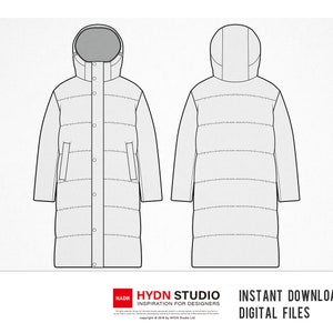 Può includere: Uno schizzo tecnico di moda di un lungo cappotto trapuntato mostrato di fronte e di dietro. Il cappotto presenta un cappuccio, un'abbottonatura centrale con bottoni a pressione e due tasche laterali. Il testo HYDN STUDIO INSPIRATION FOR DESIGNERS è visibile.