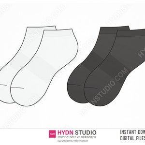 May include: A pair of white ankle socks and a pair of black ankle socks, each featuring a ribbed cuff and a textured mid-foot band. The image includes the text HYDN STUDIO INSPIRATION FOR DESIGNERS INSTANT DOWNLOAD DIGITAL FILES.