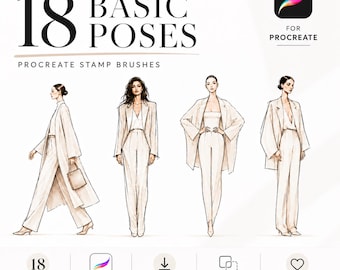 18 Basic Poses Procreate Fashion Stamps, Fashion Croquis Brush Set, Figure Template for Fashion Illustration, Designer Pose Reference