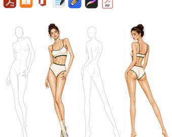 Plantilla de ilustración de moda femenina de 10 cabezas (30 poses) / Plantilla de bocetos y dibujos de alta resolución para diseño / PDF imprimible en formato A4