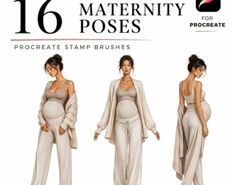 16 Maternity Fashion Poses Procreate Stamp Brushes, Pregnancy Figure Templates, Croquis Set for Designers, Maternity Design Tool