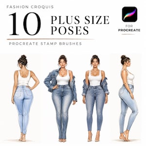 May include: A digital set of 10 plus size fashion croquis poses for Procreate stamp brushes. The image displays four illustrations of a figure wearing a white tank top and blue jeans, with some poses including a denim jacket, against a white background.