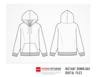 Zip-Up Hoodie Flat sketch (2style), Fashion flats, Fashion Design Template, Fashion print, Dawing fashion, Teck Pack