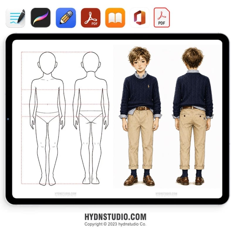Pu&ograve; includere: Un foglio di design digitale per personaggi che presenta un contorno a linee bianche e nere del corpo di un bambino accanto a un'illustrazione a colori di un bambino che indossa un maglione a trecce blu navy, una camicia a quadri, pantaloni kaki e mocassini.
