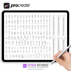 May include: A digital illustration on a tablet screen displaying a comprehensive collection of black and white line art icons representing various zipper pulls, sliders, and full zipper assemblies, with the Procreate logo and HYDN STUDIO text.