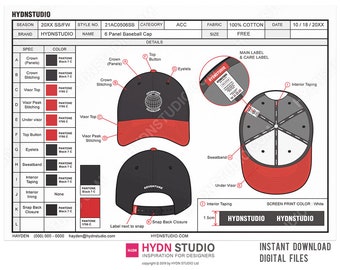 Vector Baseball Cap Tech Pack - Technical Drawings, Fashion CAD, and Flat Sketch