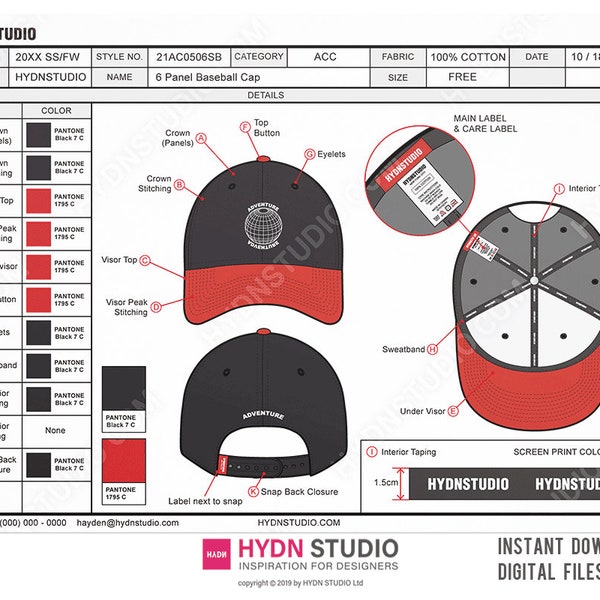 Vector Baseball Cap Tech Pack - Dessins techniques, CAO de mode et croquis à plat