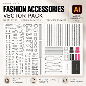 Vectorpakket met modeaccessoires, Illustrator-penselen, kledingontwerpelementen, mode-CAD, technische tekenhulpmiddelen