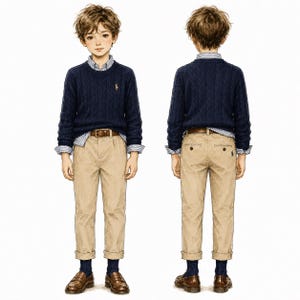 Pu&ograve; includere: Un maglione blu navy a trecce indossato sopra una camicia a righe azzurre e bianche, abbinato a pantaloni color kaki con cintura in pelle marrone, calzini blu scuro e mocassini in pelle marrone, mostrati sia di fronte che di schiena.