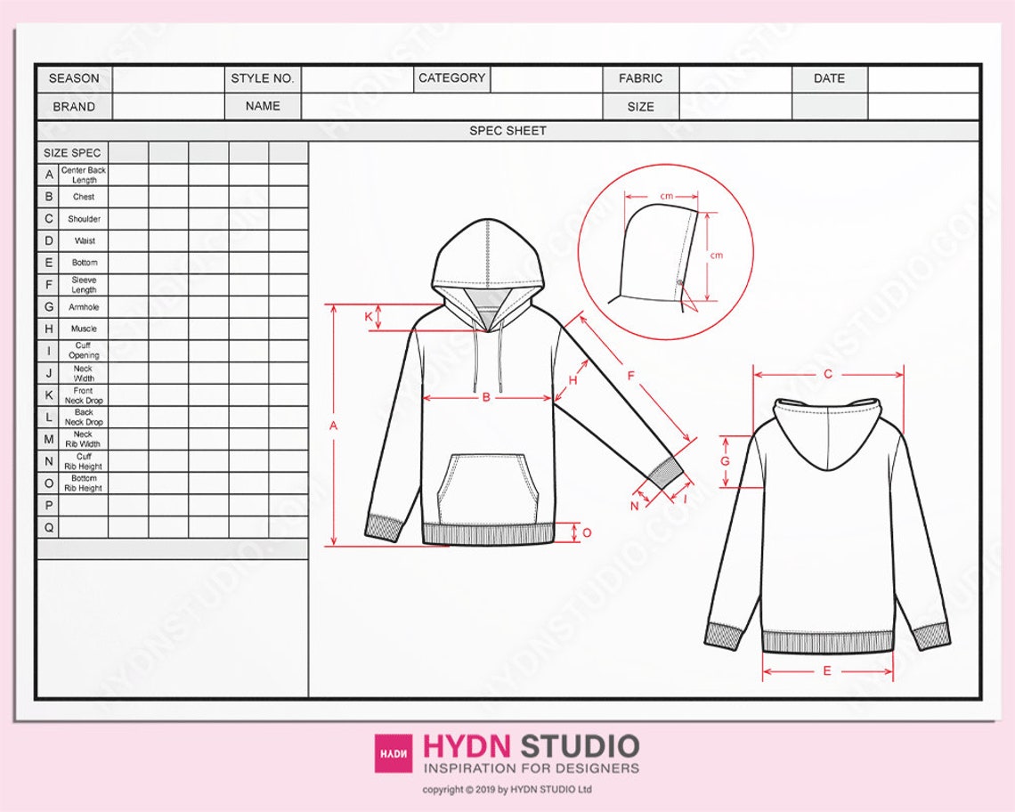 Vector Hoodie Size Spec Sheet / Techpack Template / Technical Drawings / Fashion CAD / Flat