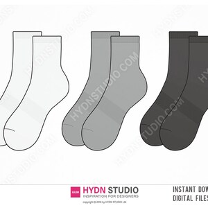May include: A digital illustration of three pairs of ankle socks in white, light gray, and dark gray. Each pair features a ribbed cuff at the top and a textured mid-foot section. The text HYDN STUDIO and INSTANT DOWNLOAD DIGITAL FILES appear below.