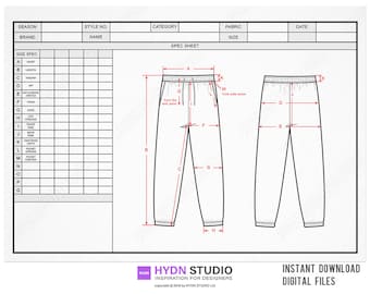 Sweat Pants Tech Pack Template, Size Spec Sheet, Fashion CAD Template, Technical Drawing, Flat Sketch, Adobe Illustrator