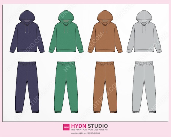 Vector Hoodie & Sweat Pants Set Design Kit Tech Pack, Technical Drawings,  Fashion CAD, Flat Sketch 