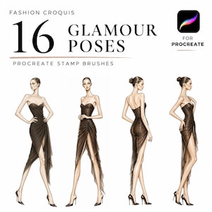 Op de afbeelding: Een digitale set van 16 fashion croquis glamour poses voor Procreate stempelborstels. De afbeelding toont vier illustraties van figuren in strapless, donkerbruine jurken met een hoge split, transparante stoffen en zwarte hoge hakken.