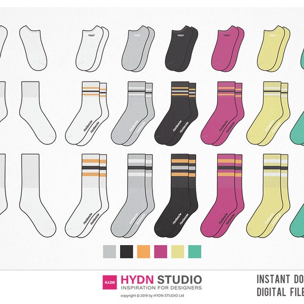 Vector Socks Design Fashion Flat Sketch Set - Fashion Flats, Fashion Design Templates, Fashion Print, Drawing Fashion, Tech Pack