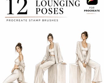 12 Lounging Fashion Poses Procreate Stamp Brushes, Seated Figure Templates, Croquis Set for Designers, Fashion Design Tool