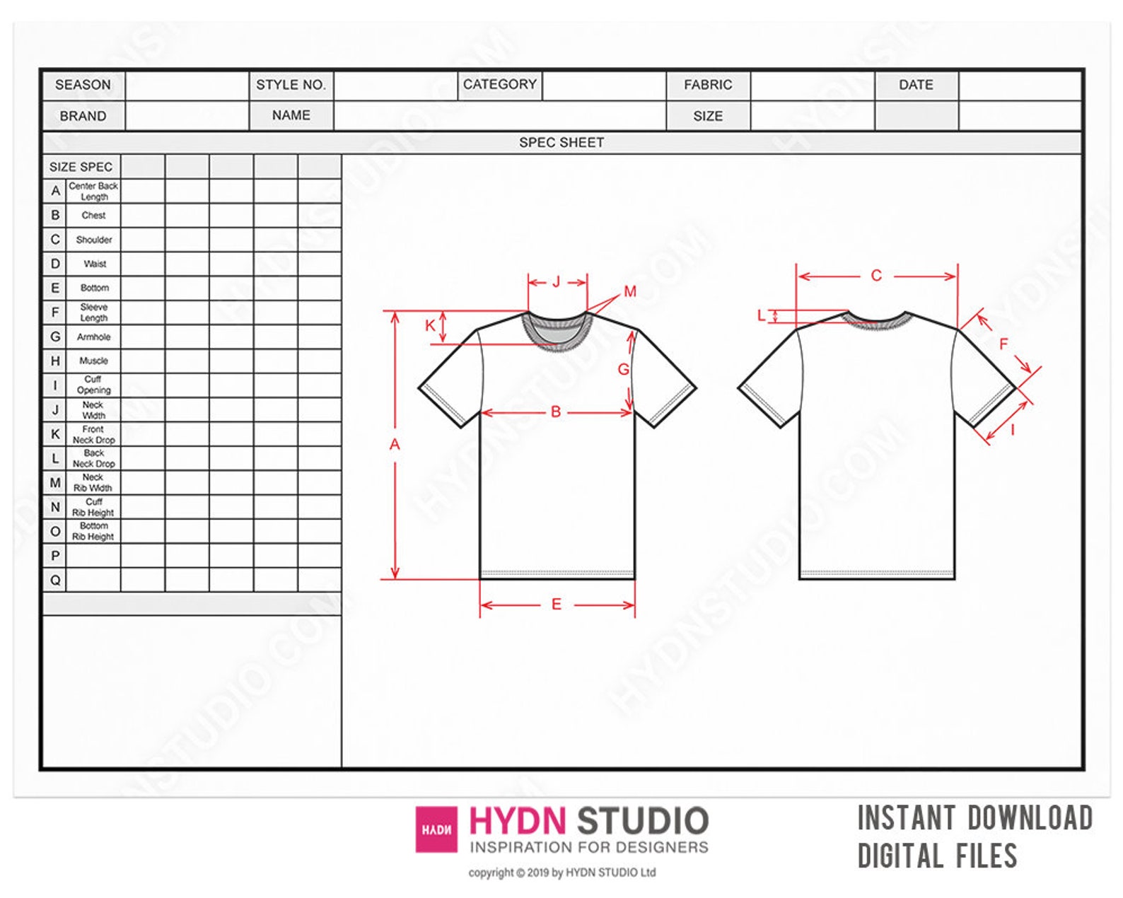 Vector T-shirt Size Spec Sheet / Techpack Template / Technical Drawings ...