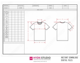Fashion T-Shirt Techpack Template with Technical Drawings