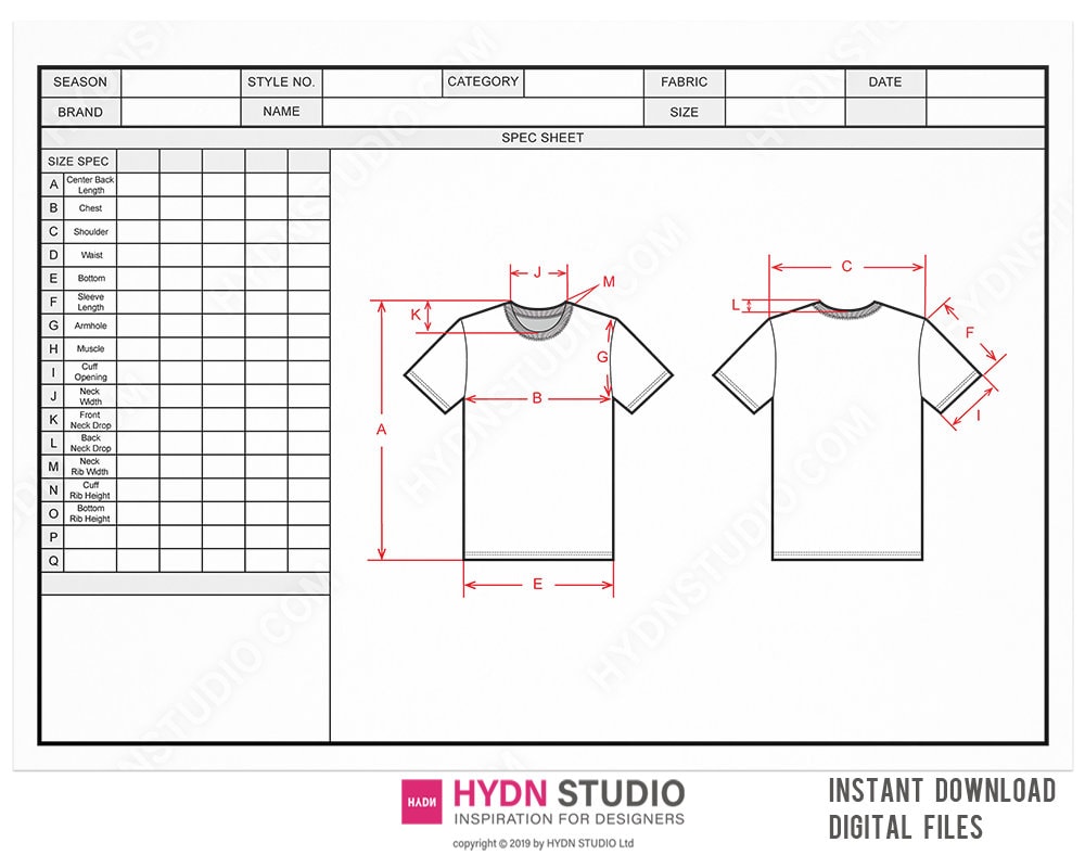 Buy Vector T-shirt Size Spec Sheet / Techpack Template / Technical