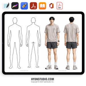 Può includere: Un'illustrazione digitale che mostra il contorno anteriore e posteriore di una figura umana accanto a una vista anteriore e posteriore di una persona che indossa una t-shirt grigio chiaro a maniche corte con taschino, pantaloncini sportivi grigio scuro, calzini bianchi e scarpe da ginnastica.