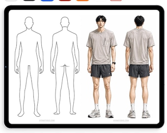 Modello di figurino di moda maschile, modello di figura di abbigliamento maschile, figura di moda maschile, figurino di moda stampabile, risorsa di design per abbigliamento maschile