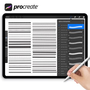 May include: A digital tablet screen displaying the Procreate interface with a brush library menu. The screen shows a collection of black and white zipper and sewing stitch patterns arranged in columns, with a stylus pen positioned near the display.