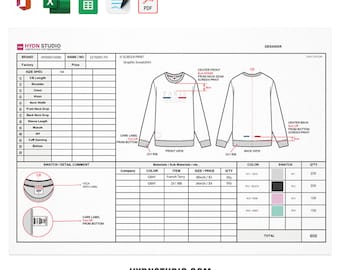Fashion Tech Pack Template No.03, Excel Tech Pack Template, Garment Specification Sheet, Fashion CAD Resource, Apparel Development Tool