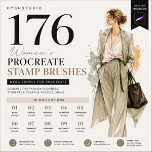 Może przedstawiać: Cyfrowa oferta produktu zawierająca 176 pędzli stemplowych Procreate z ilustracją modową osoby w długim płaszczu i spodniach. Tekst zawiera HYDNSTUDIO, 176 Women's PROCREATE STAMP BRUSHES oraz listę 10 kolekcji z liczbą póz dla każdej z nich.
