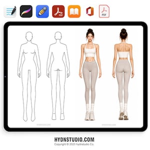 May include: A digital illustration template featuring a female figure in front and back views, shown as both a black line drawing and a full-colour rendering. The coloured figure wears a white halter top, light grey leggings, and white trainers.