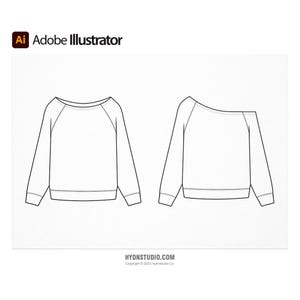 May include: Line drawing of a long-sleeved sweatshirt, front and side view. The front view shows a crew neck, while the side view shows an off-the-shoulder design. The text "Adobe Illustrator" and "HYDNSTUDIO.COM" are visible.