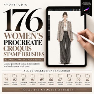 Może przedstawiać: Cyfrowy zestaw 176 pędzli stempli typu croquis do programu Procreate z ilustracją modową postaci w marynarce i spodniach na ekranie tabletu. Tekst zawiera HYDNSTUDIO, 176 WOMEN'S PROCREATE CROQUIS STAMP BRUSHES oraz listę 10 kolekcji.