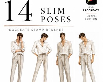 Slim 14 Poses Procreate Stamp Brushes, Mens Fashion Croquis, Slim Fashion Pose Stamps, Menswear Figure Template, Procreate Fashion Design