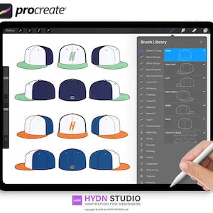 May include: A digital illustration of a baseball cap design template on a tablet screen. The screen shows a variety of cap styles and colors, including white, green, blue, and orange. The tablet is being used with a stylus pen. The screen also shows a list of brush options for the Procreate app.