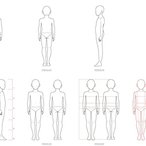 Pu&ograve; includere: Una raccolta di illustrazioni a linee bianche e nere che mostrano le proporzioni del corpo di un bambino viste di fronte, di schiena e di lato. I diagrammi includono linee di misurazione rosse tratteggiate, indicatori numerati e il testo 'STREETSTEE.COM'.