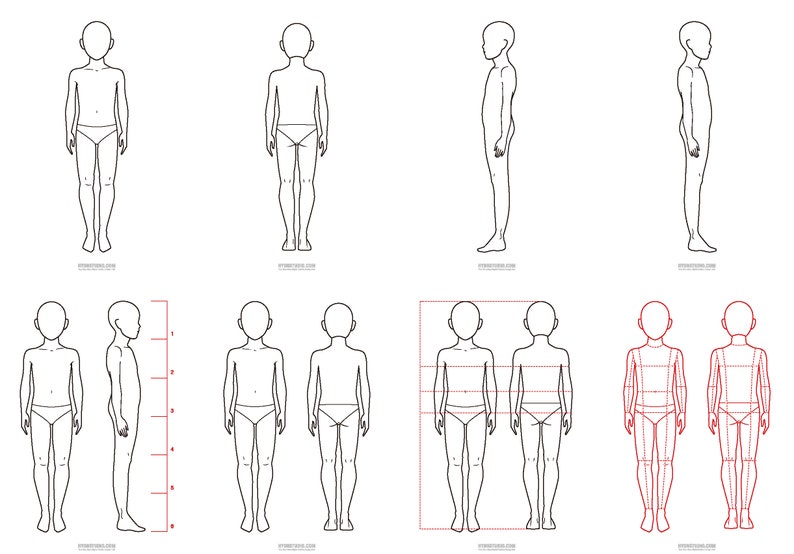 Pu&ograve; includere: Una raccolta di illustrazioni a linee bianche e nere che mostrano le proporzioni del corpo di un bambino viste di fronte, di schiena e di lato. I diagrammi includono linee di misurazione rosse tratteggiate, indicatori numerati e il testo 'STREETSTEE.COM'.