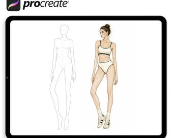 Könnte beinhalten: Ein digitaler Tablet-Bildschirm mit dem Procreate-Logo und zwei Modeillustrationen. Eine ist eine einfache schwarze Strichzeichnung einer stehenden Figur, die andere eine farbige Illustration einer Figur in einem weißen Sport-BH und Slip.