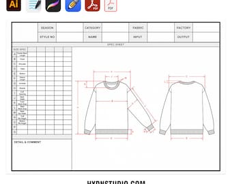 Vector Sweatshirt Fashion Flat Sketches & Size Spec Sheet - Complete TechPack Template - AI, PDF, High-Res Images