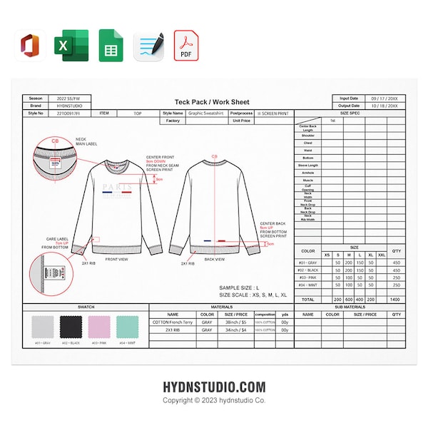 Tech Pack template (English a4 size) 01 / Technical Drawings / Fashion CAD / Excel template