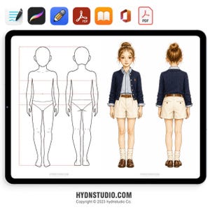 Pu&ograve; includere: Un'illustrazione digitale su uno schermo di tablet che mostra un foglio di design del personaggio. Presenta due contorni in bianco e nero del corpo di un bambino, insieme a due illustrazioni a colori dello stesso bambino viste di fronte e di spalle.
