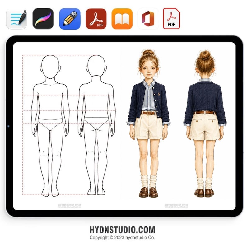 Pu&ograve; includere: Un'illustrazione digitale su uno schermo di tablet che mostra un foglio di design del personaggio. Presenta due contorni in bianco e nero del corpo di un bambino, insieme a due illustrazioni a colori dello stesso bambino viste di fronte e di spalle.