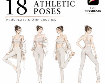 18 Athletic Fashion Poses Procreate Stamp Brushes, Activewear Figure Templates, Croquis Set for Designers, Athleisure Design Tool