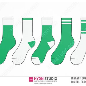 May include: Five digital illustrations of crew socks in various colour combinations of white and green. The designs feature solid green, white with green heels and toes, green with white heels and toes, solid green with two white stripes, and white with two green stripes.