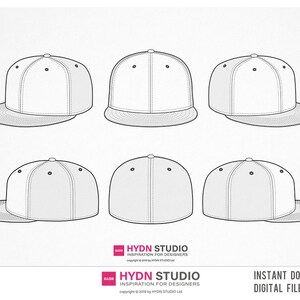 May include: Six different views of a white baseball cap with a black brim. The cap has a curved bill and a flat crown with six eyelets.