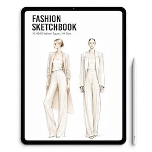 Może przedstawiać: Tablet cyfrowy wyświetlający szablon szkicownika modowego z tekstem FASHION SKETCHBOOK 10 HEAD fashion figure / A4 Size. Ekran pokazuje dwie ołówkowe ilustracje postaci w marynarkach i spodniach. Rysik znajduje się po prawej stronie urządzenia.