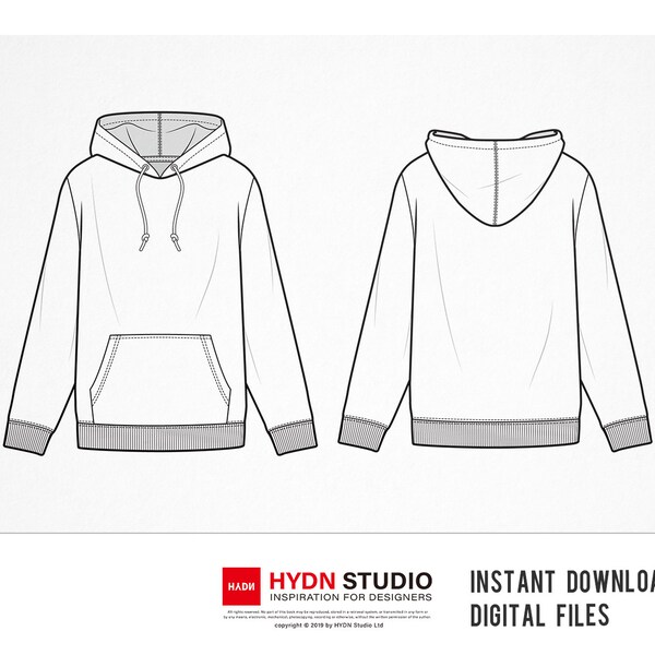 HOODIE Flat sketch (2style), Fashion flats, Fashion Design Template, Fashion print, Dawing fashion, Teck Pack