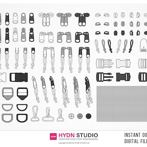 Ryggsäckstillbehör vektormall, väskhårdvara designelement, ryggsäck teknisk designresurs, Illustrator vektorpaket